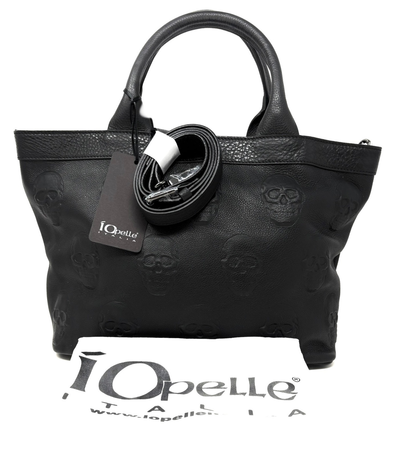 Io Pelle Skull Embossed Blck Leather Handbag Tote Bag Purse Crossbody *Smallerâ